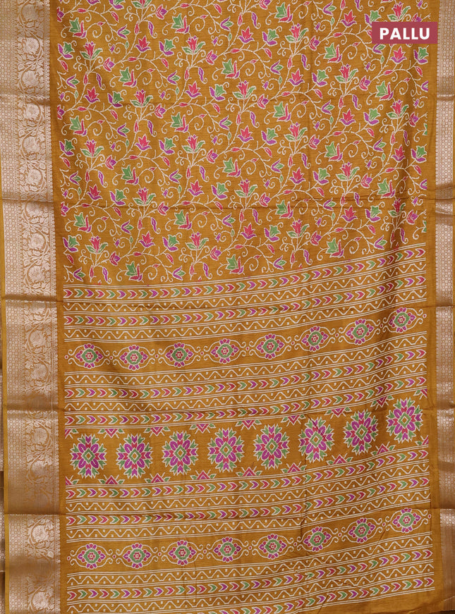 Semi dola saree mustard yellow with allover prints and zari woven border