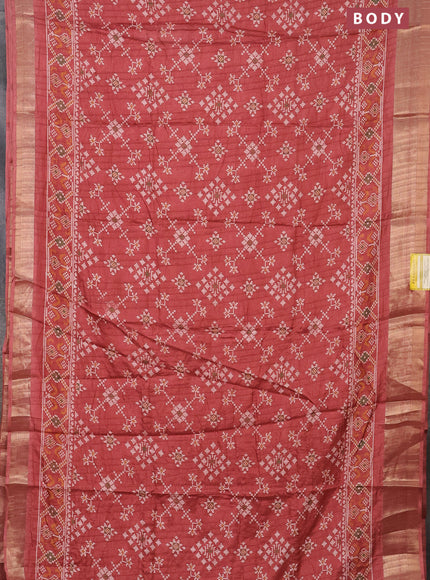 Semi dola saree peach shade with ikat prints and zari woven border