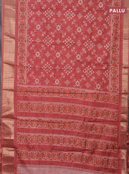 Semi dola saree peach shade with ikat prints and zari woven border
