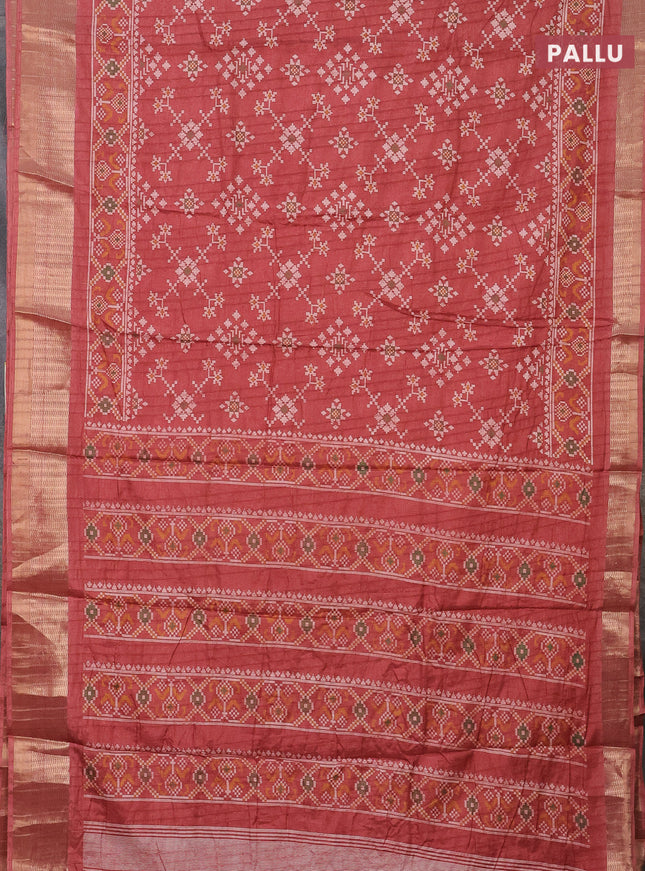Semi dola saree peach shade with ikat prints and zari woven border