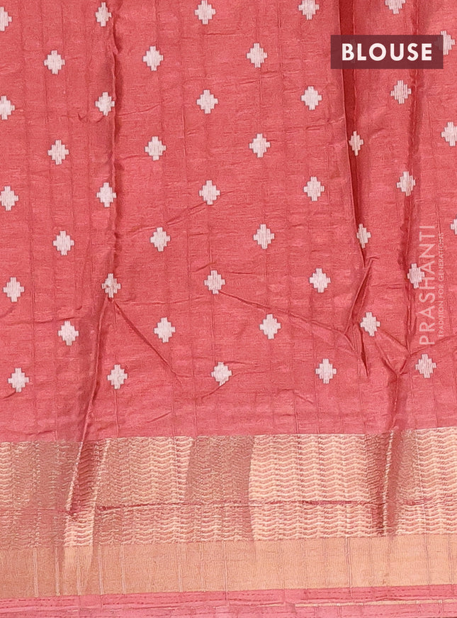 Semi dola saree peach shade with ikat prints and zari woven border