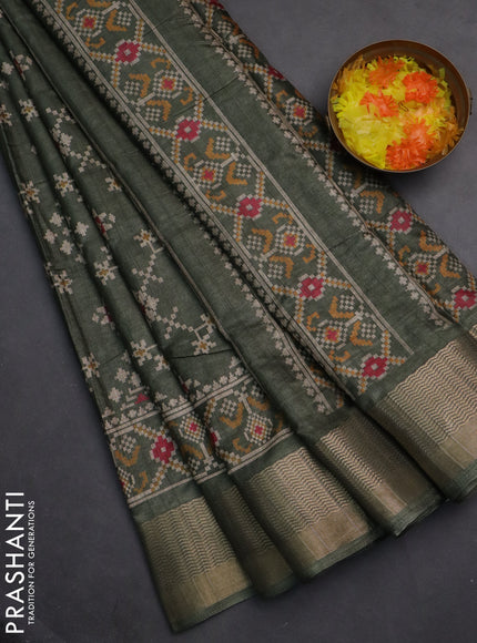 Semi dola saree sap green with ikat prints and zari woven border