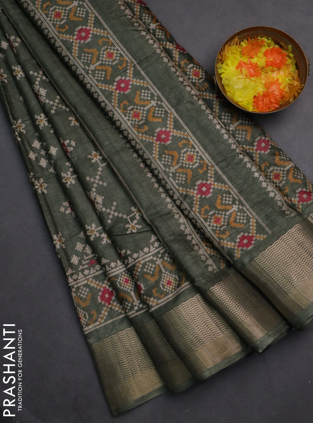 Semi dola saree sap green with ikat prints and zari woven border