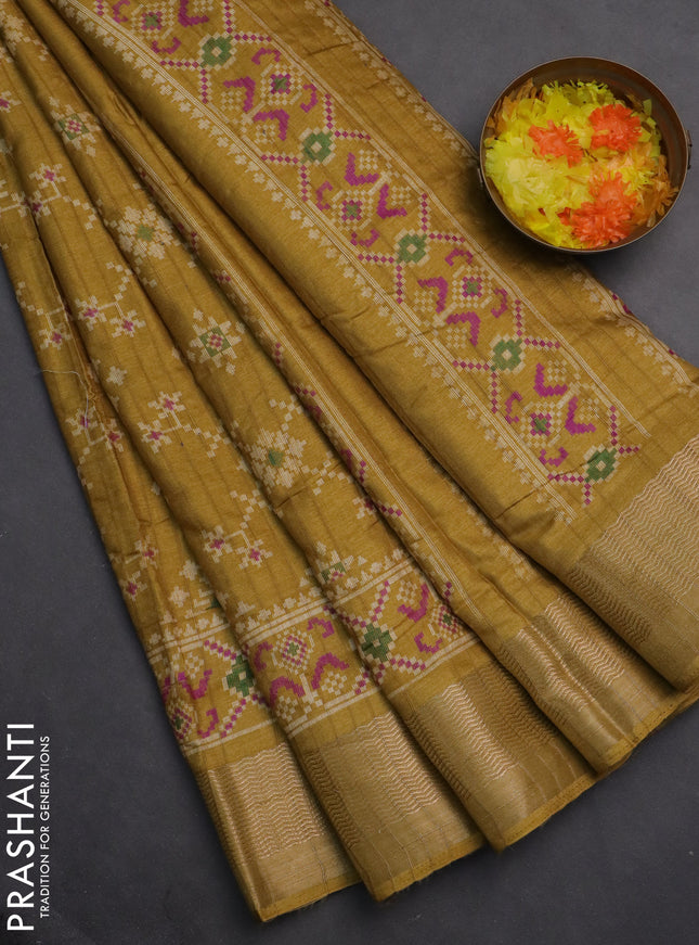 Semi dola saree mustard shade with ikat prints and zari woven border