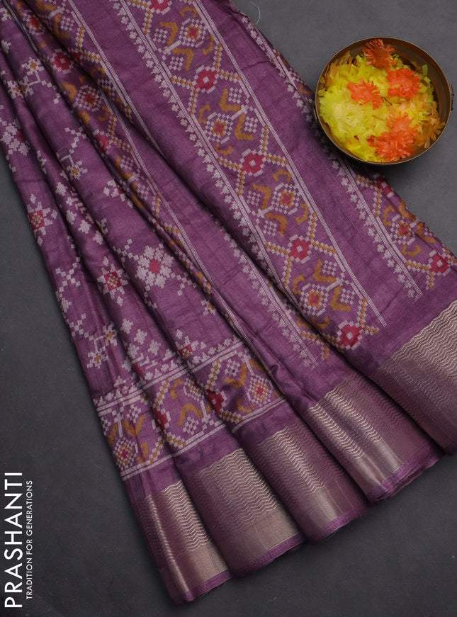 Semi dola saree mild purple with ikat prints and zari woven border