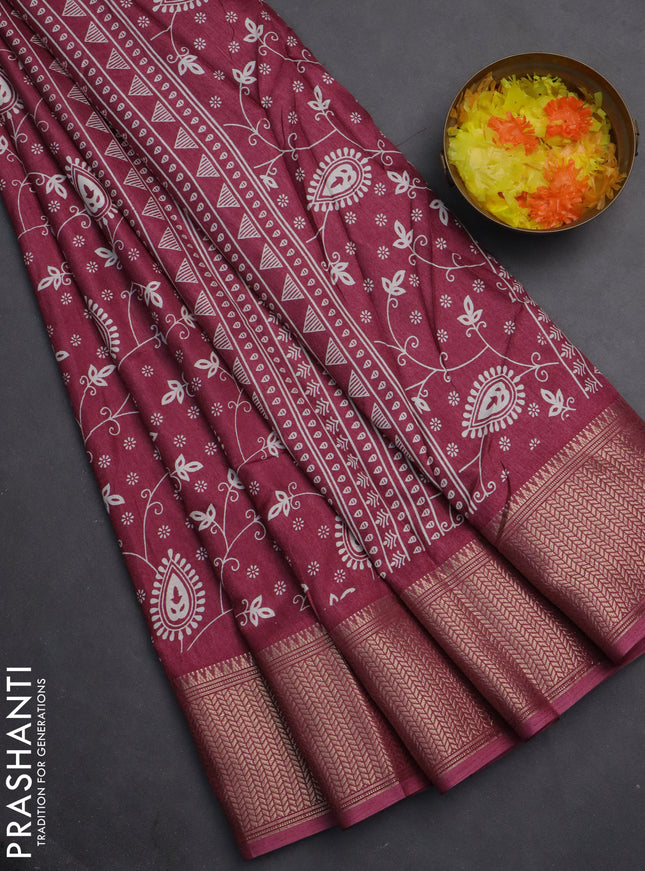 Semi dola saree dark pink with allover prints and zari woven border