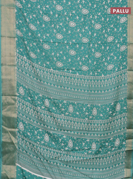 Semi dola saree teal green with allover prints and zari woven border