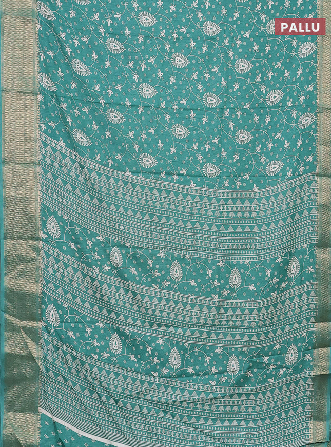 Semi dola saree teal green with allover prints and zari woven border