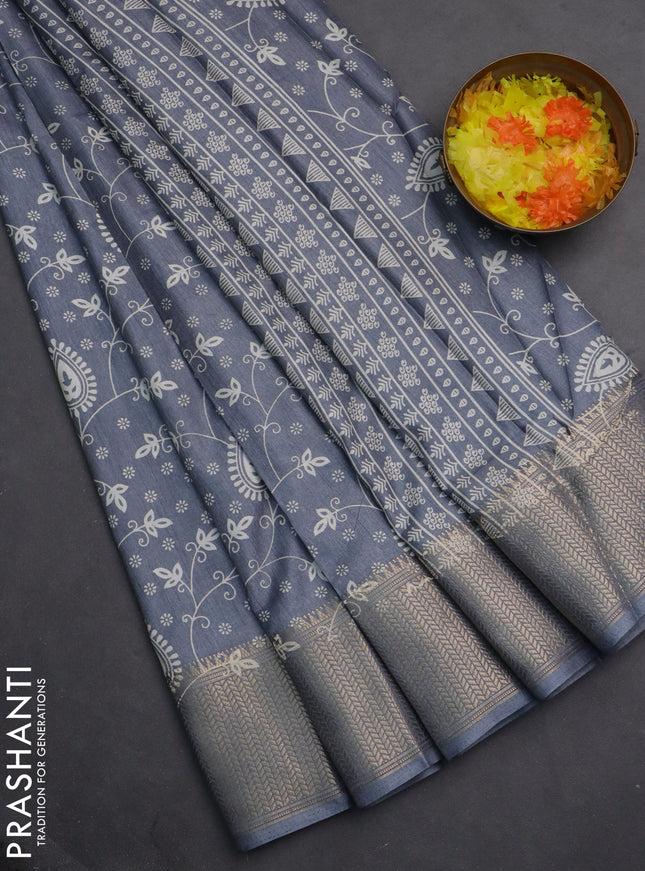 Semi dola saree grey with allover prints and zari woven border
