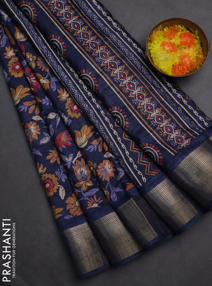 Semi dola saree peacock blue with allover floral prints and zari woven border