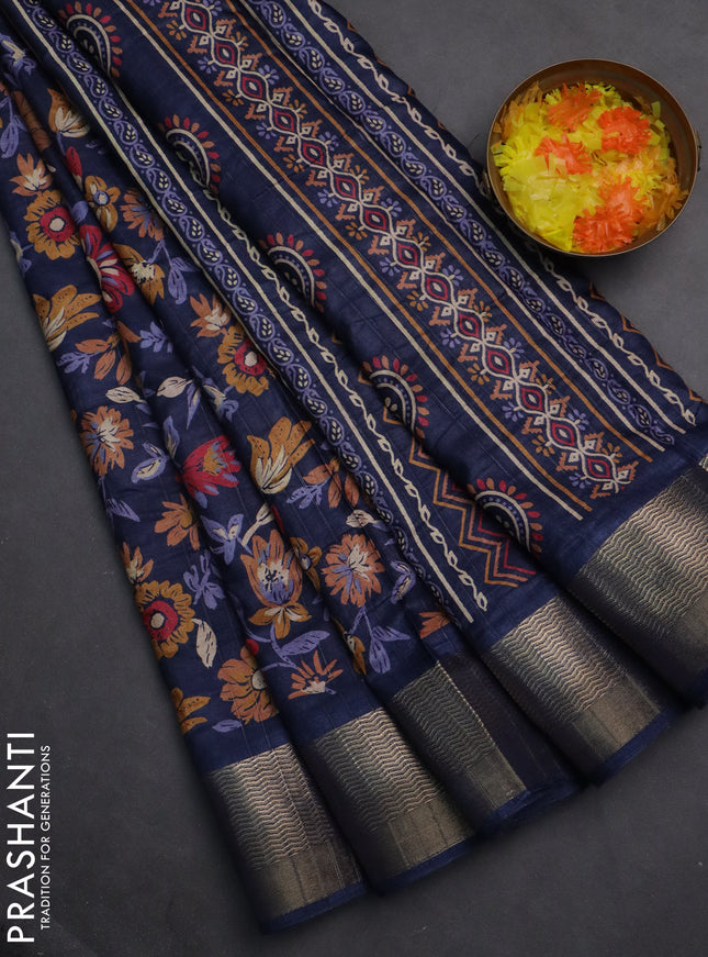 Semi dola saree peacock blue with allover floral prints and zari woven border