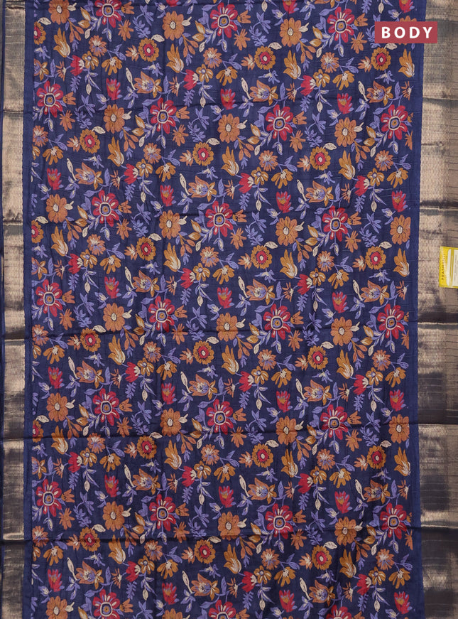 Semi dola saree peacock blue with allover floral prints and zari woven border