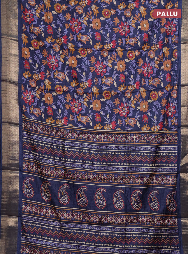 Semi dola saree peacock blue with allover floral prints and zari woven border