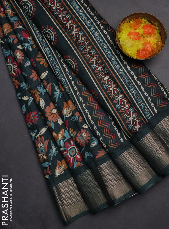 Semi dola saree green with allover floral prints and zari woven border