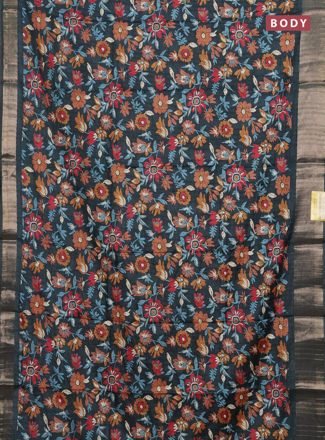 Semi dola saree green with allover floral prints and zari woven border