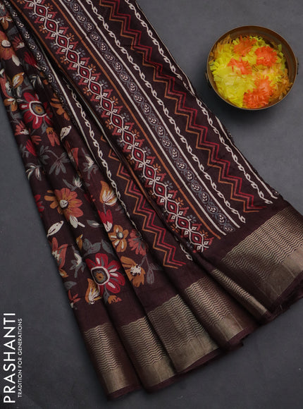 Semi dola saree brown with allover floral prints and zari woven border