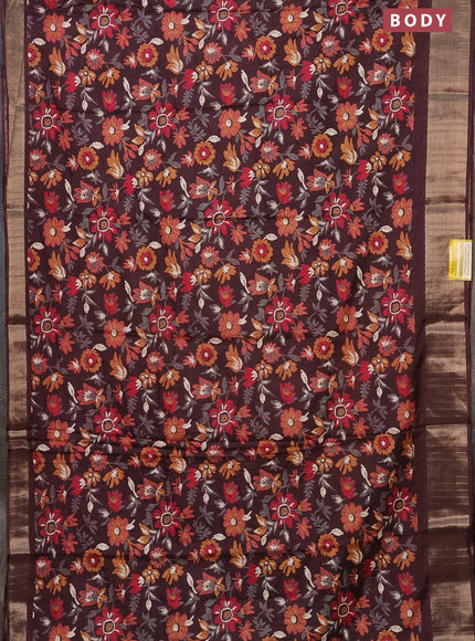 Semi dola saree brown with allover floral prints and zari woven border