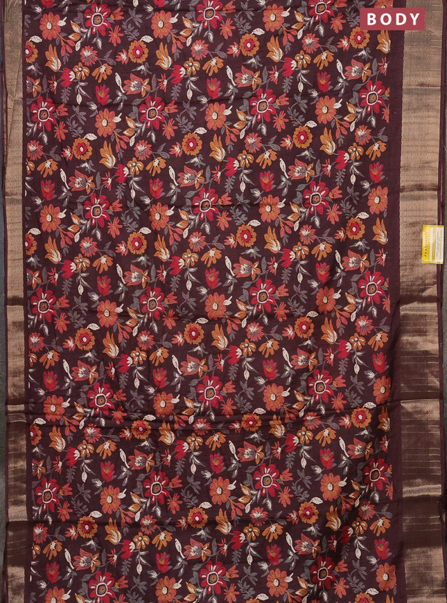 Semi dola saree brown with allover floral prints and zari woven border