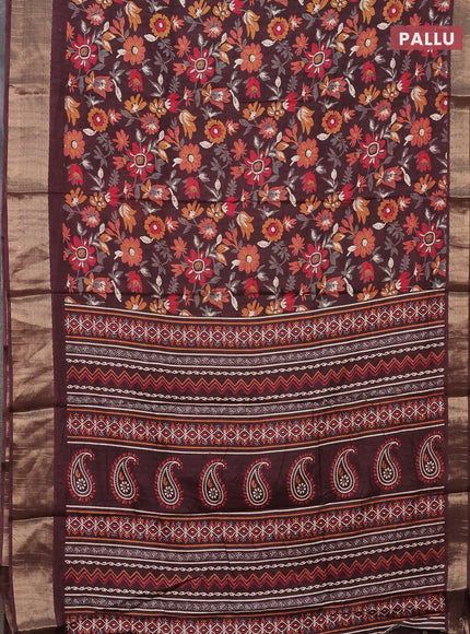 Semi dola saree brown with allover floral prints and zari woven border