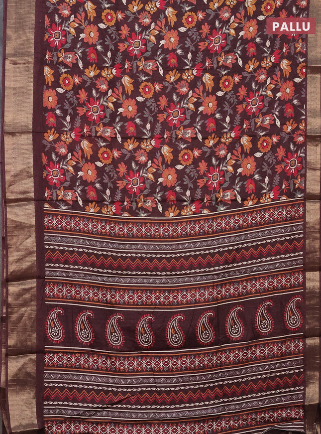 Semi dola saree brown with allover floral prints and zari woven border