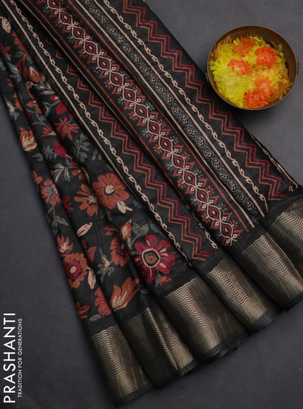 Semi dola saree greyish green with allover floral prints and zari woven border