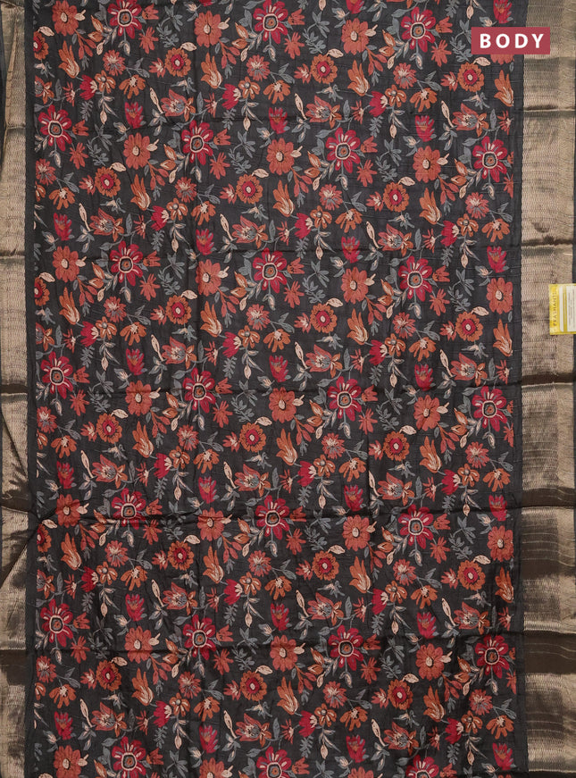 Semi dola saree greyish green with allover floral prints and zari woven border