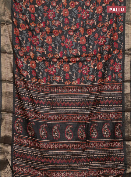 Semi dola saree greyish green with allover floral prints and zari woven border