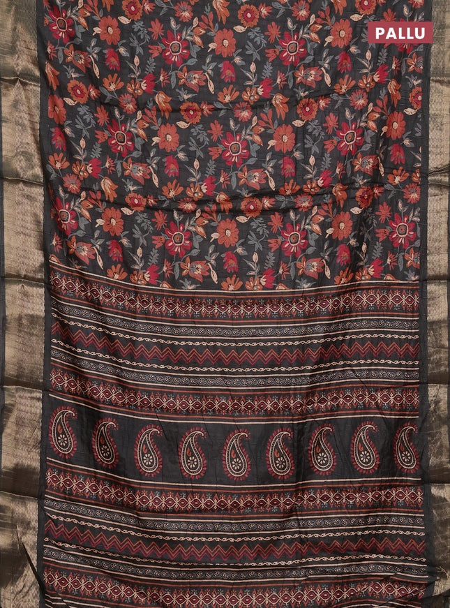 Semi dola saree greyish green with allover floral prints and zari woven border