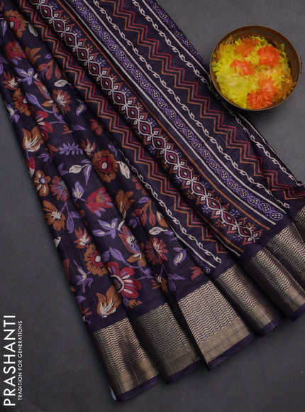Semi dola saree deep jamun with allover floral prints and zari woven border