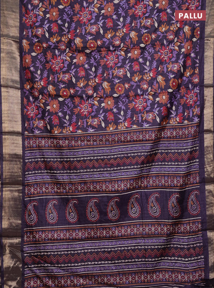 Semi dola saree deep jamun with allover floral prints and zari woven border