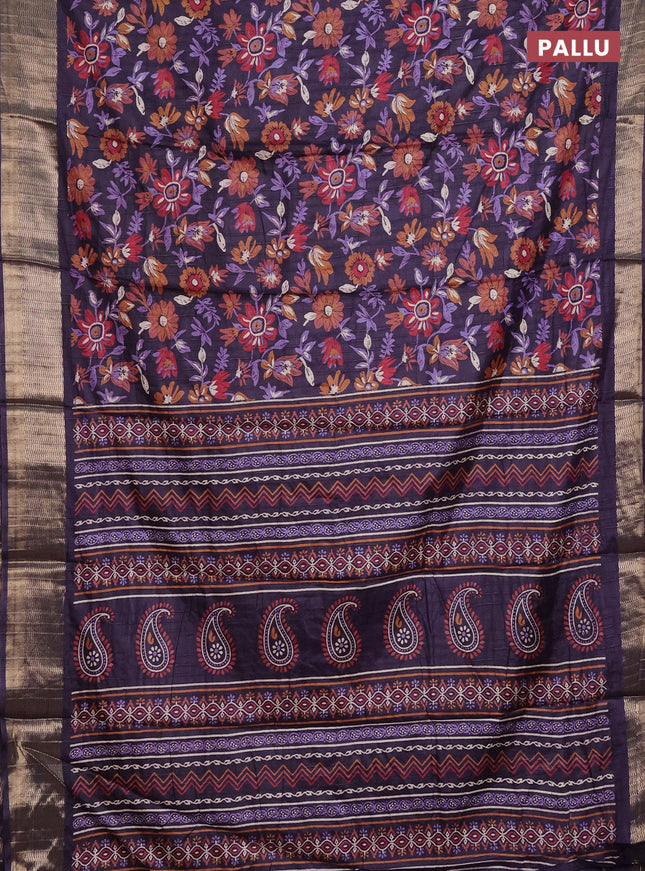 Semi dola saree deep jamun with allover floral prints and zari woven border