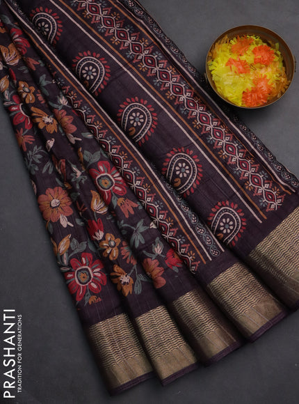 Semi dola saree deep wine with allover floral prints and zari woven border