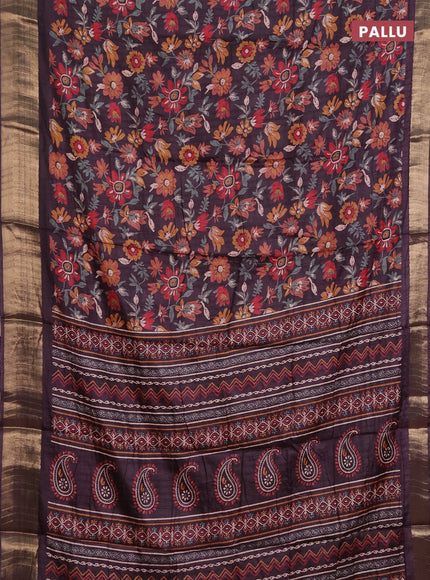 Semi dola saree deep wine with allover floral prints and zari woven border