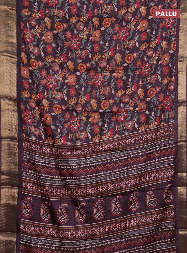Semi dola saree deep wine with allover floral prints and zari woven border