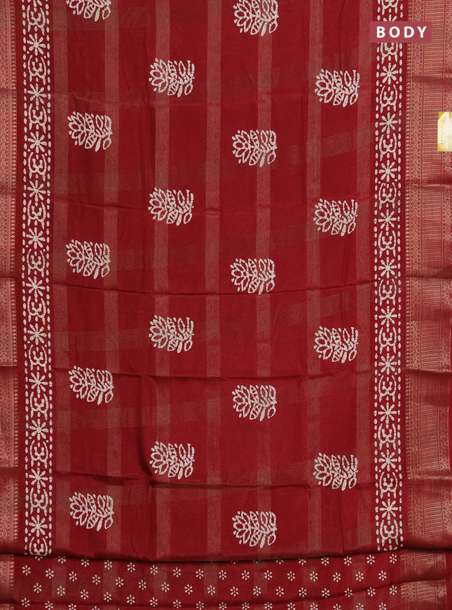 Semi dola saree maroon with zari weaves & batik prints and zari woven border