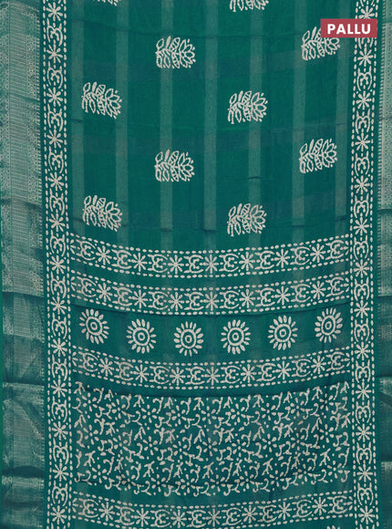 Semi dola saree teal green with zari weaves & batik prints and zari woven border