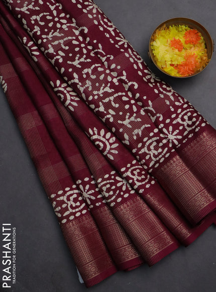 Semi dola saree wine shade with zari weaves & batik prints and zari woven border