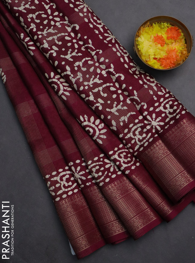 Semi dola saree wine shade with zari weaves & batik prints and zari woven border