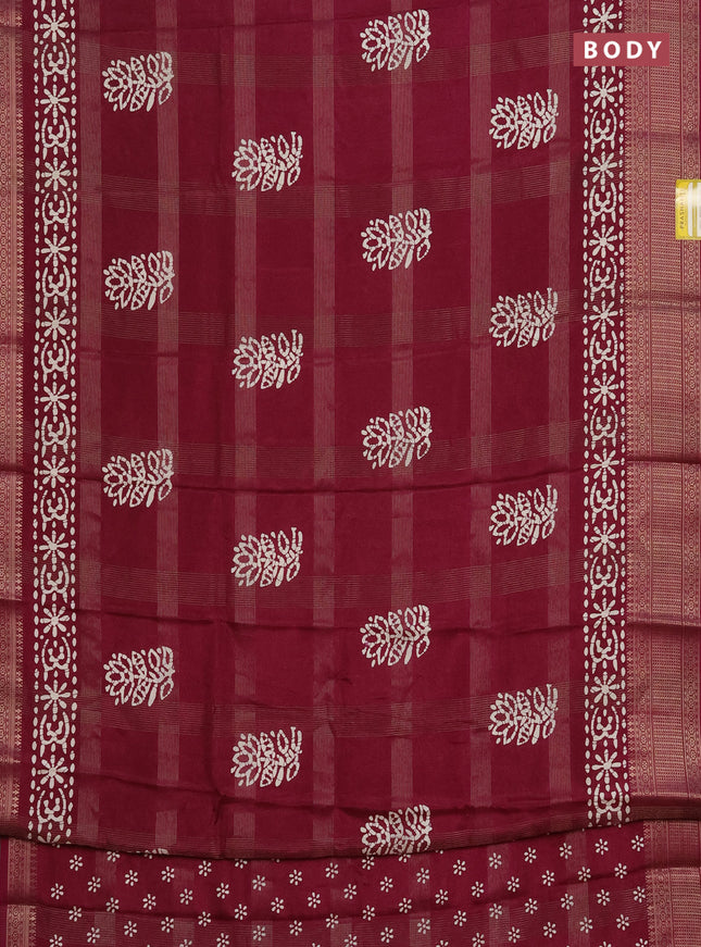 Semi dola saree wine shade with zari weaves & batik prints and zari woven border