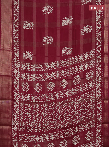 Semi dola saree wine shade with zari weaves & batik prints and zari woven border
