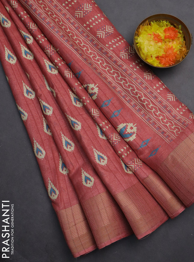 Semi dola saree peach shade with butta prints and zari woven border