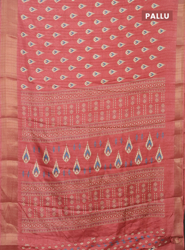 Semi dola saree peach shade with butta prints and zari woven border