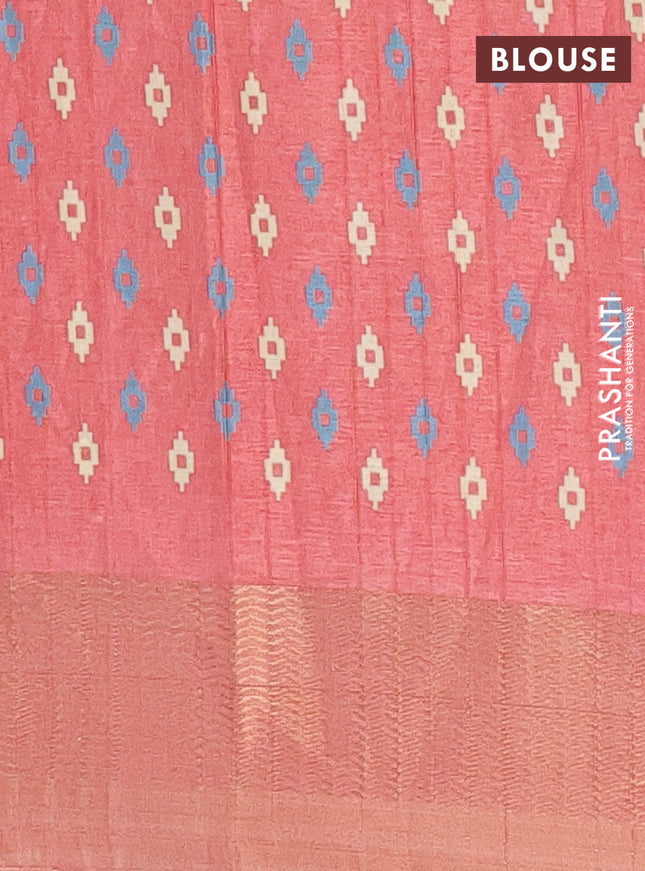 Semi dola saree peach shade with butta prints and zari woven border