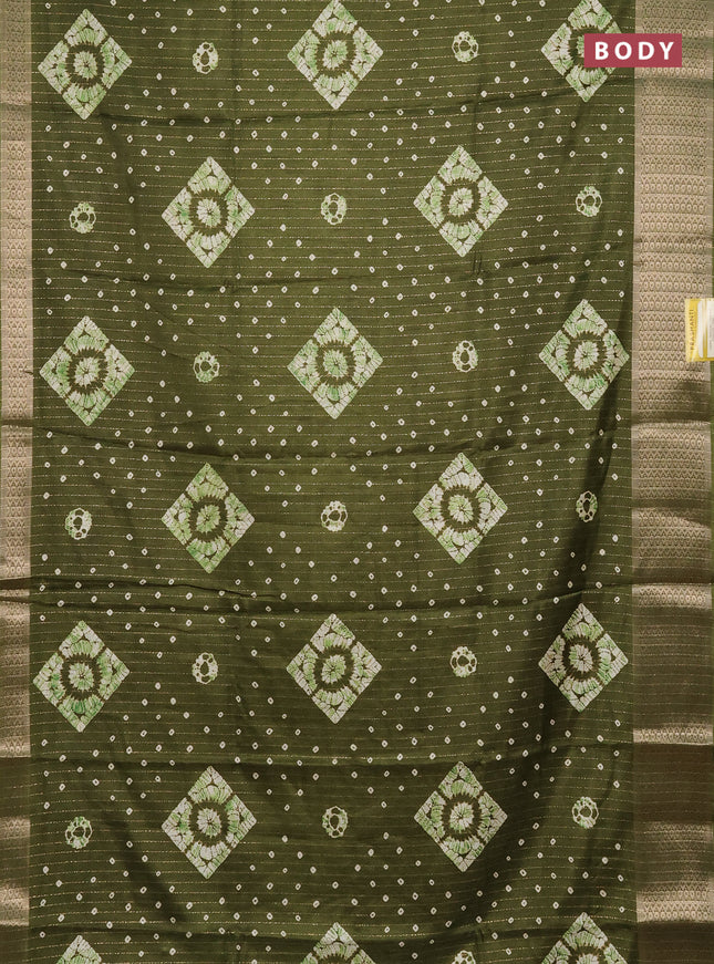 Semi dola saree mehendi green with allover zari weaves & batik prints and zari woven border