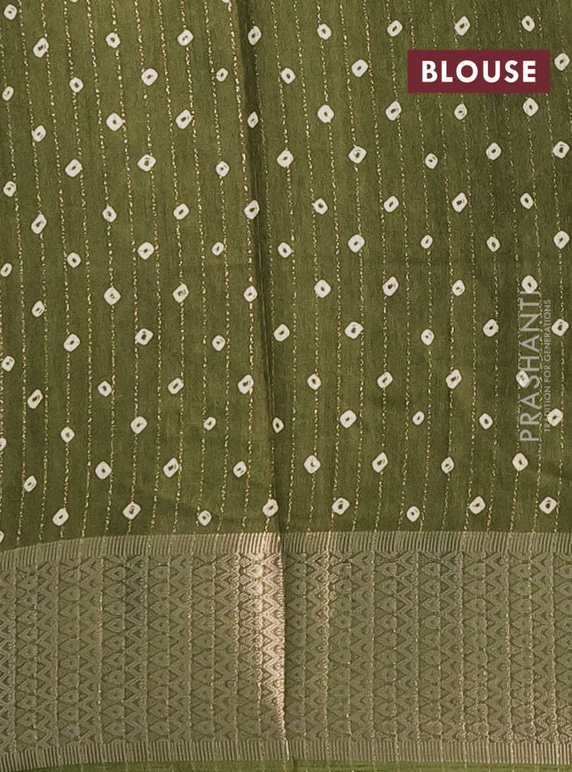 Semi dola saree mehendi green with allover zari weaves & batik prints and zari woven border