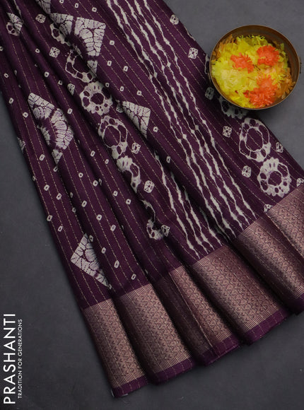 Semi dola saree deep purple with allover zari weaves & batik prints and zari woven border