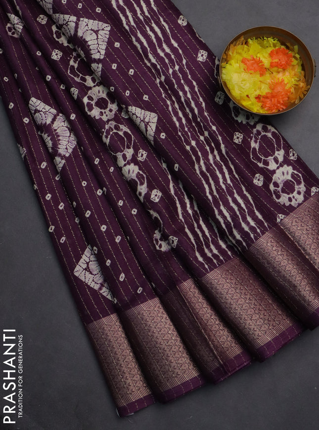 Semi dola saree deep purple with allover zari weaves & batik prints and zari woven border