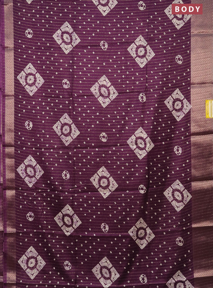 Semi dola saree deep purple with allover zari weaves & batik prints and zari woven border
