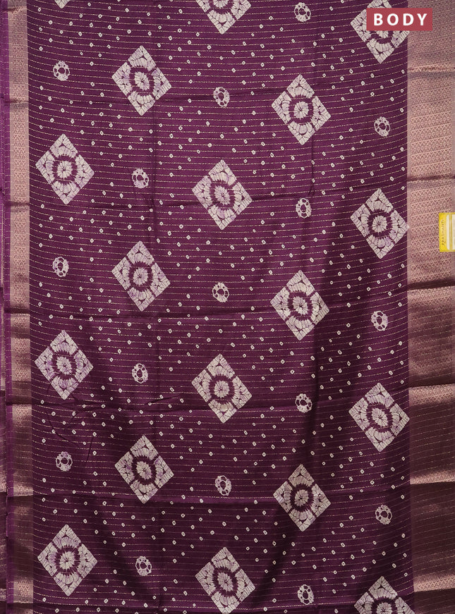 Semi dola saree deep purple with allover zari weaves & batik prints and zari woven border