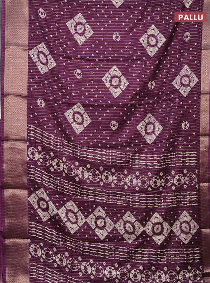 Semi dola saree deep purple with allover zari weaves & batik prints and zari woven border